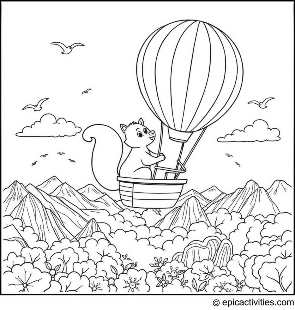 Coloring Page of a Cute Squirrel in a Hot Air Balloon Adventure