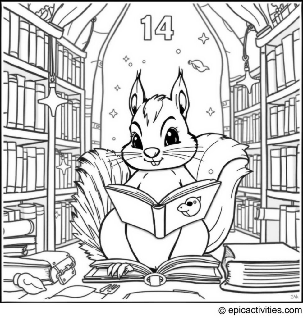 Coloring page of a Cute Squirrel in a Magical Library