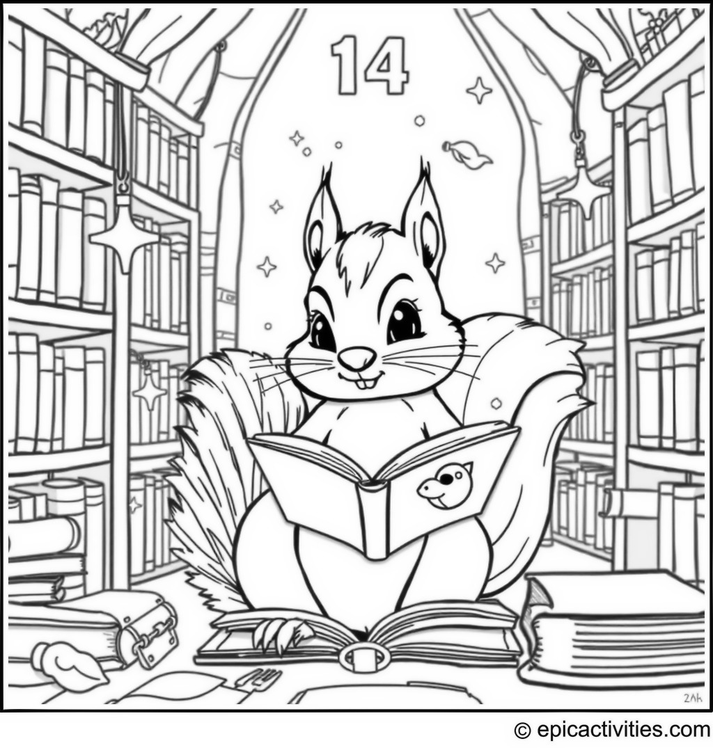 Coloring page of a Cute Squirrel in a Magical Library