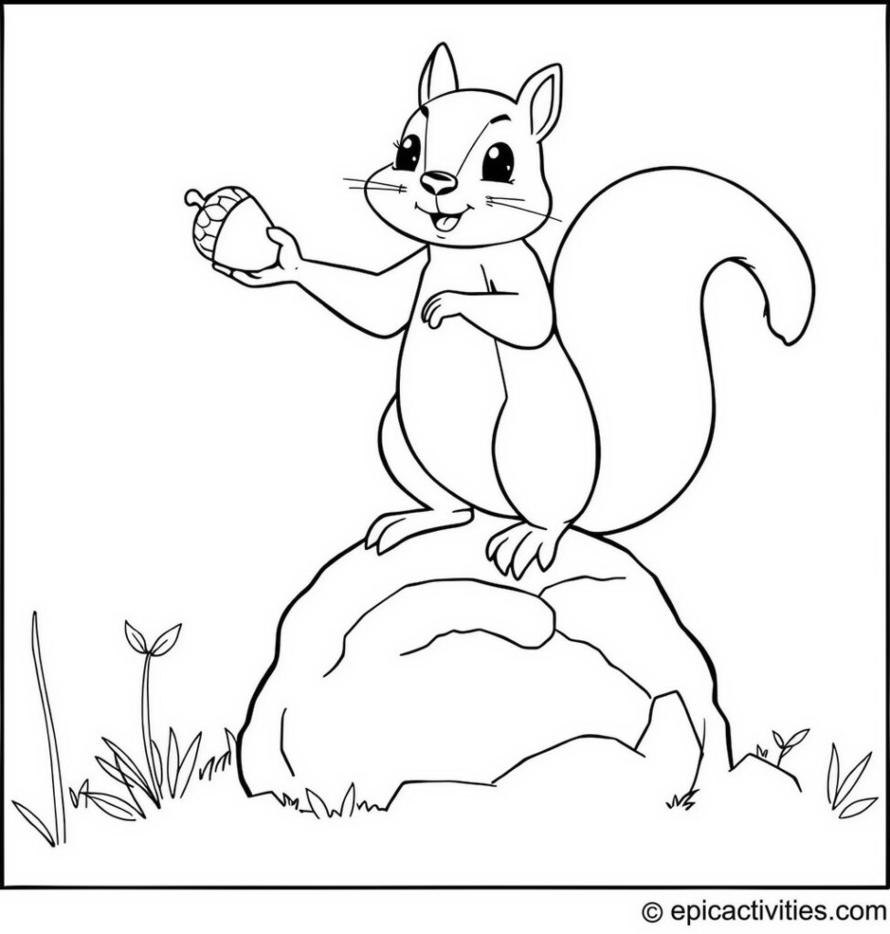Coloring page of a Cute Squirrel Juggling Acorns on a Rock