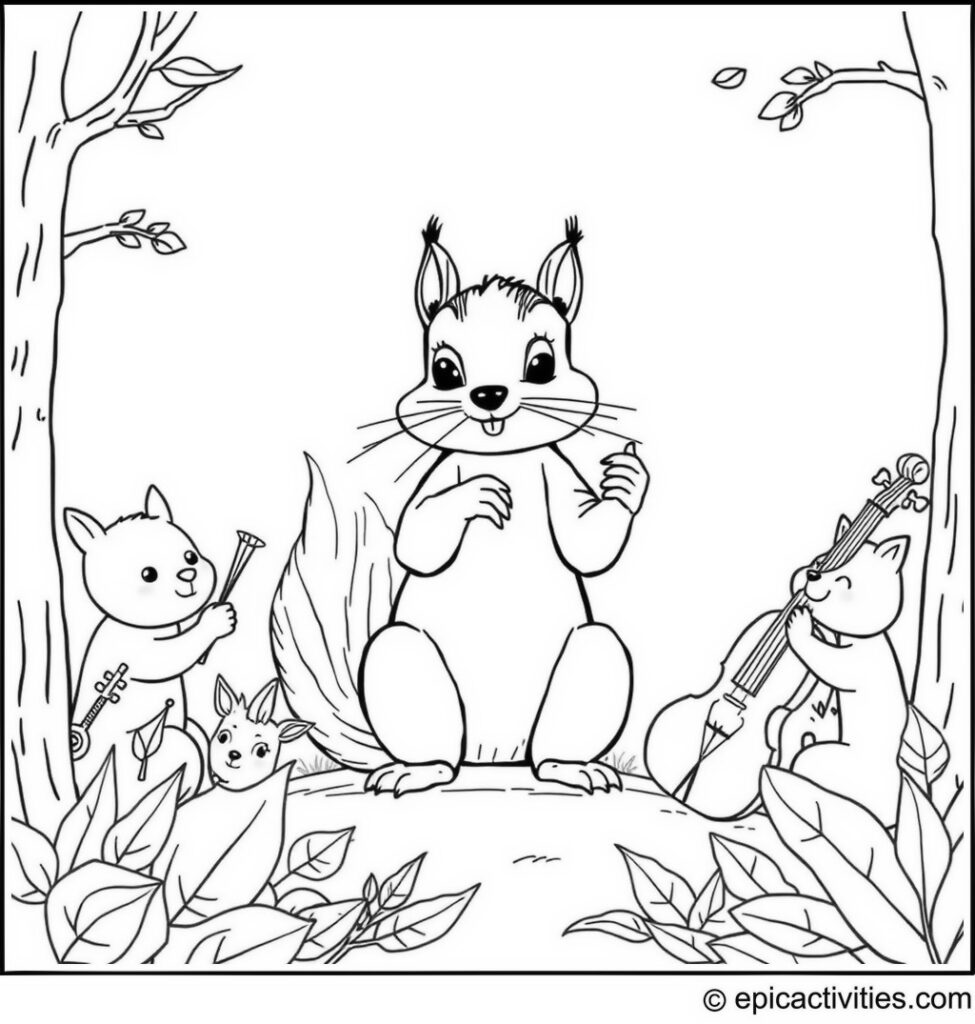 Coloring page of a Cute Squirrel Leading a Woodland Symphony with Adorable Instruments and Forest Animals