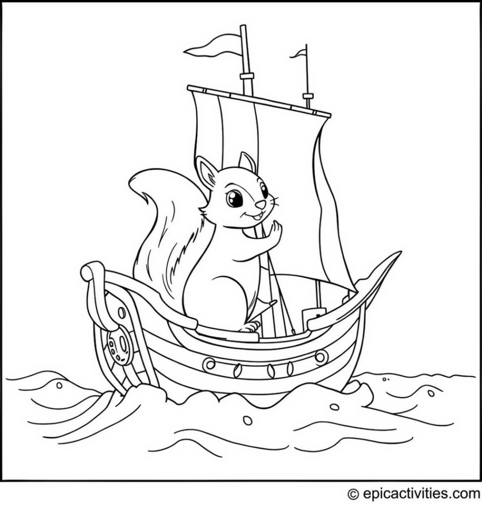 Coloring page of a cute squirrel on a pirate ship adventure