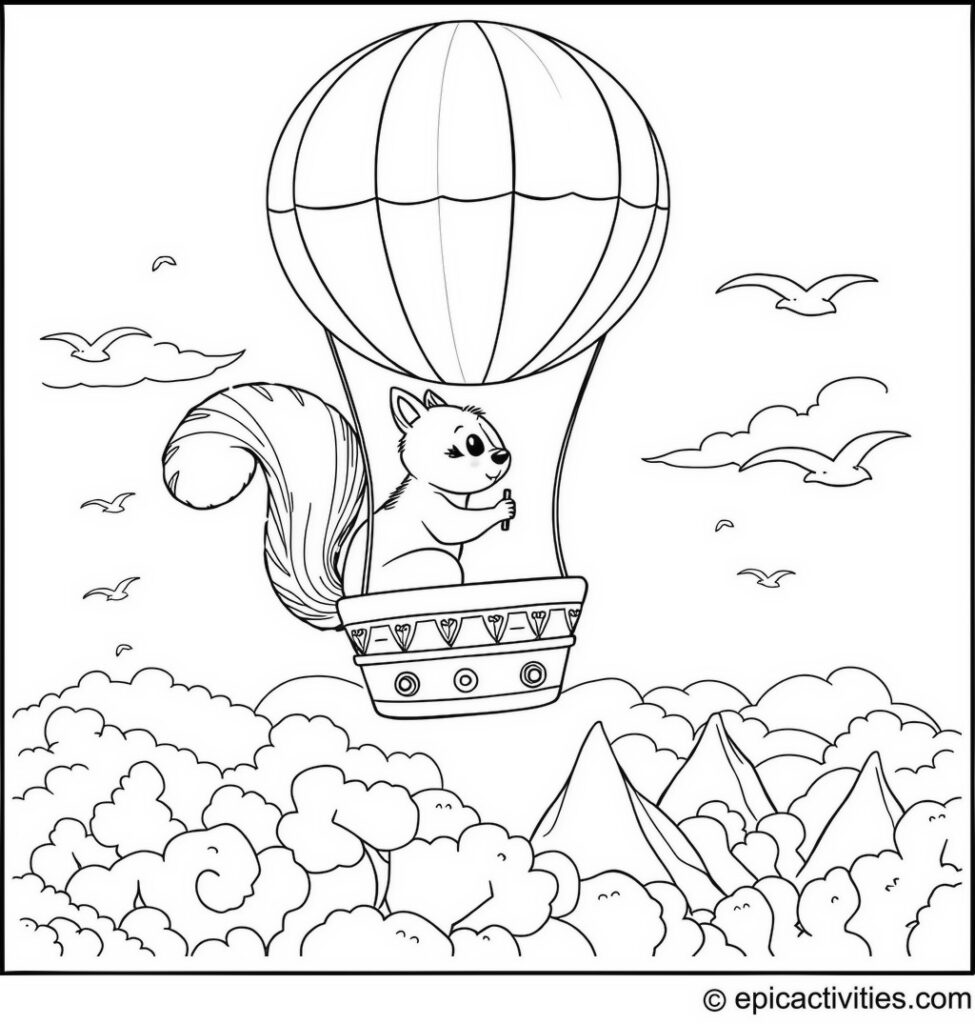 Coloring page of a cute squirrel piloting a hot air balloon
