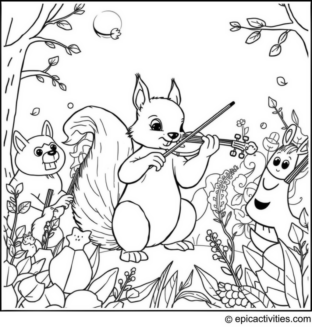 Coloring page of a Cute Squirrel Playing a Violin in a Whimsical Orchestra of Forest Creatures