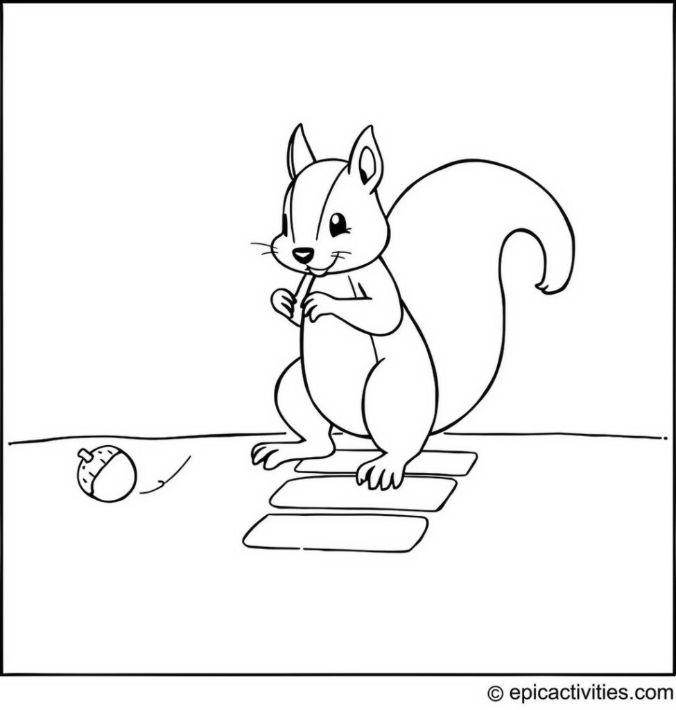 Coloring page of a Cute Squirrel Playing Hopscotch with Acorn Markers