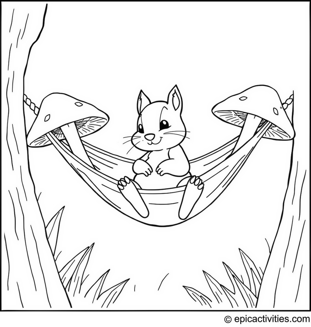 Coloring page of a cute squirrel relaxing in a hammock between two big mushrooms
