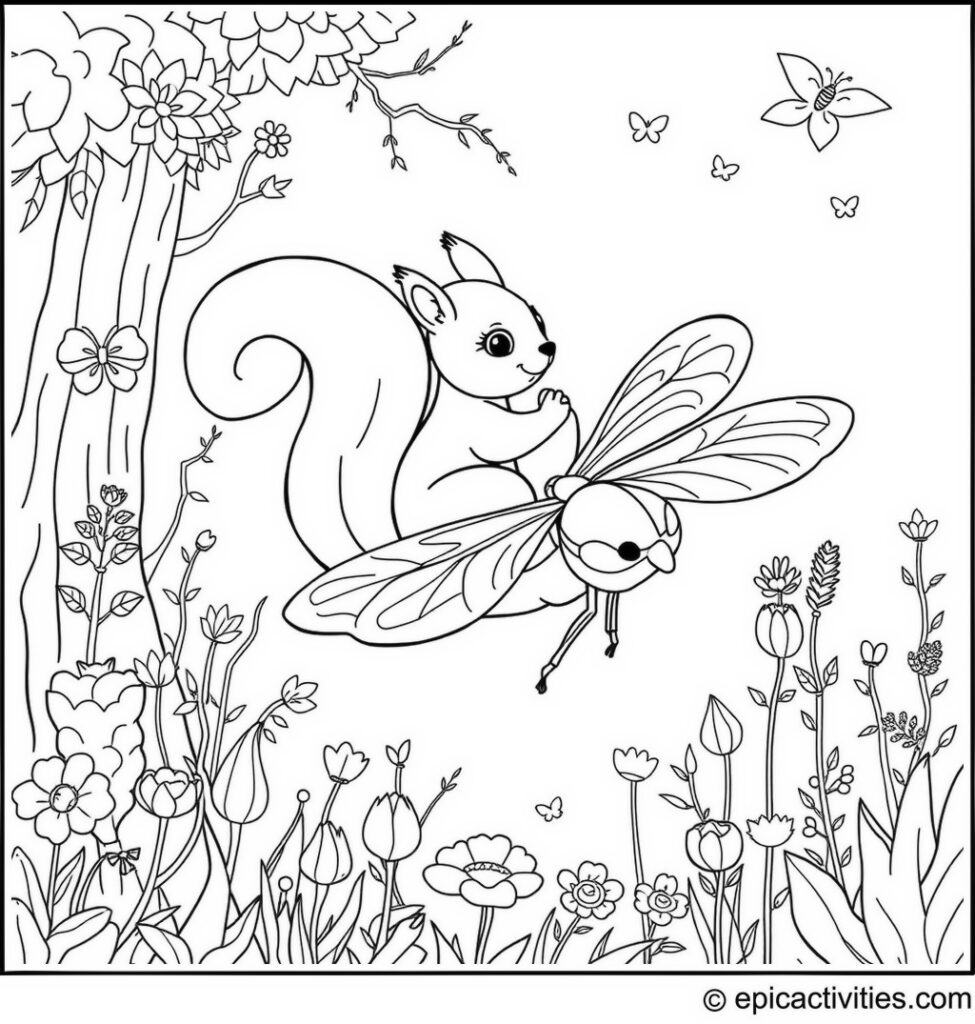 Coloring page of a Cute Squirrel Riding a Dragonfly through a Magical Forest