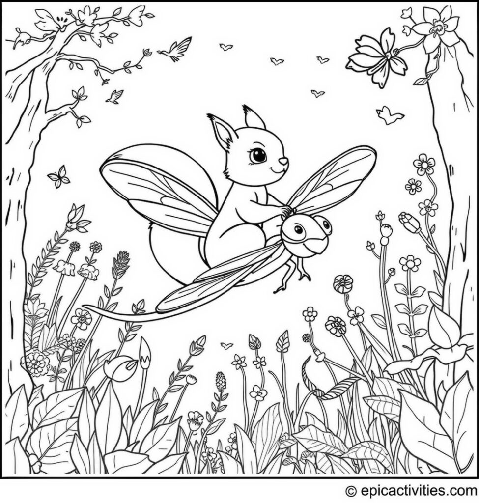 Coloring page of a cute squirrel riding a dragonfly in a magical forest