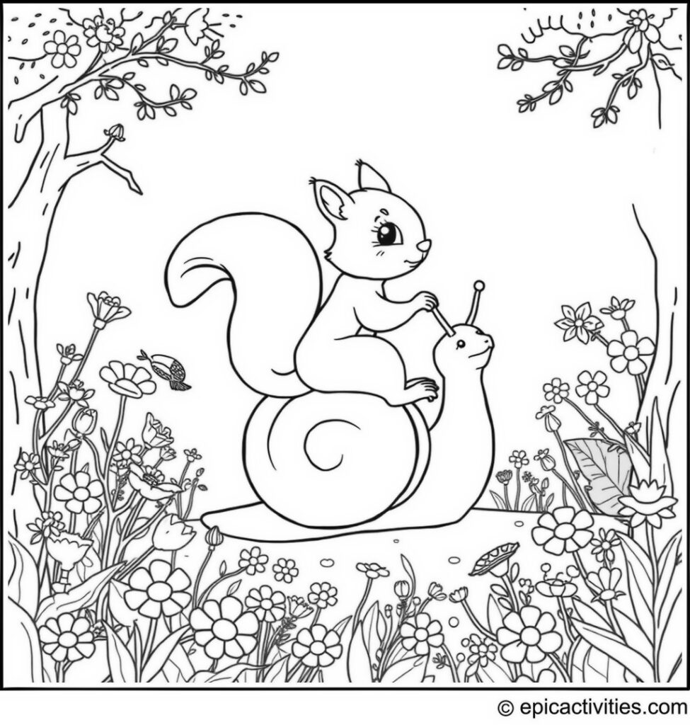 Coloring page of a cute squirrel riding on a snail in an enchanted forest