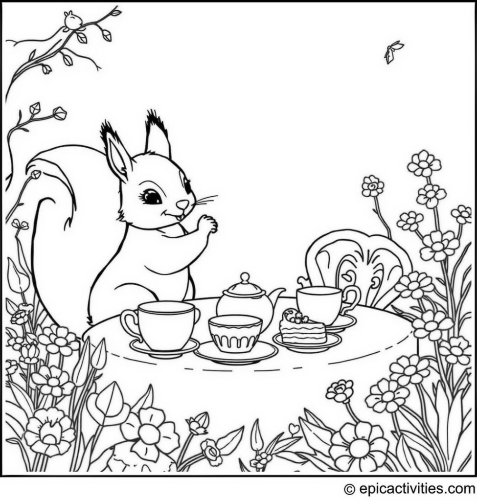 Coloring page of a Cute Squirrel Royal Tea Party