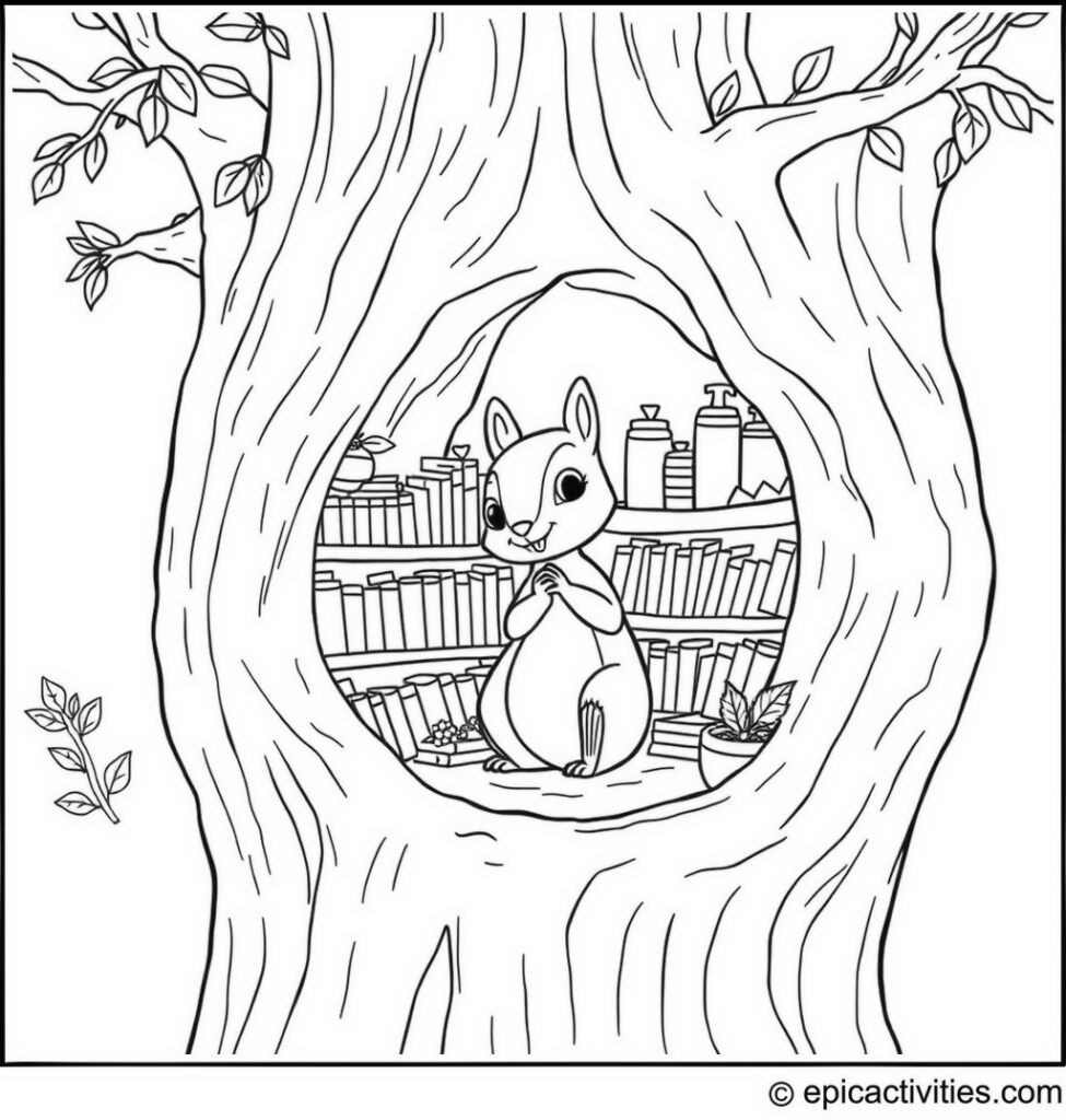 Coloring page of a Cute Squirrel Running a Tiny Bookstore in a Hollow Tree