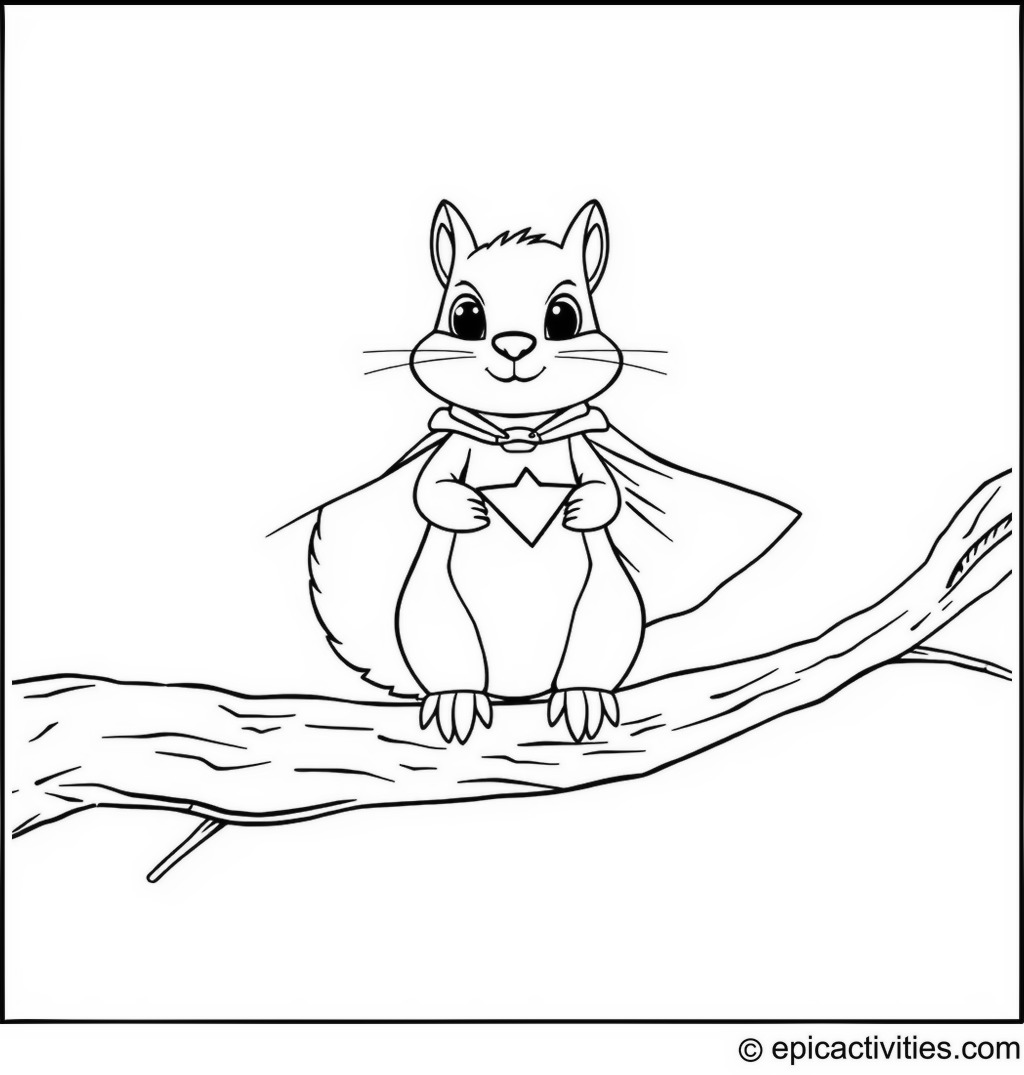 Coloring Page of a Cute Squirrel Superhero on a Tree Branch