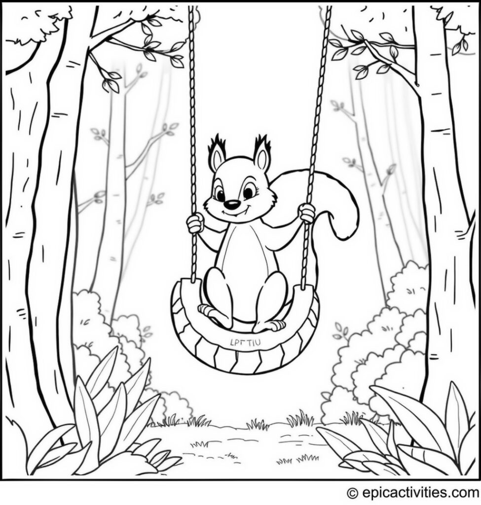 Coloring page of a Cute Squirrel Swinging on a Tire Swing in a Cartoon Forest