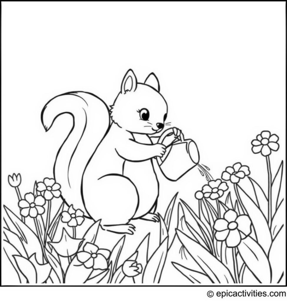 Coloring page of a Cute Squirrel Watering Flowers in a Garden