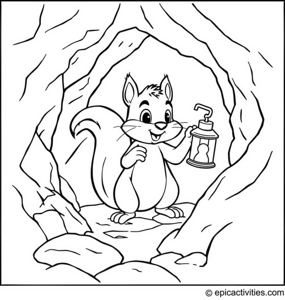 Coloring page of a Cute Squirrel with a Lantern in a Dark Cave