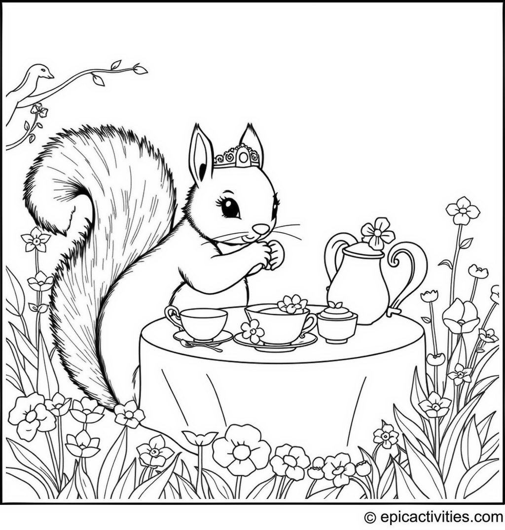 Coloring page of a Cute Squirrel’s Royal Tea Party