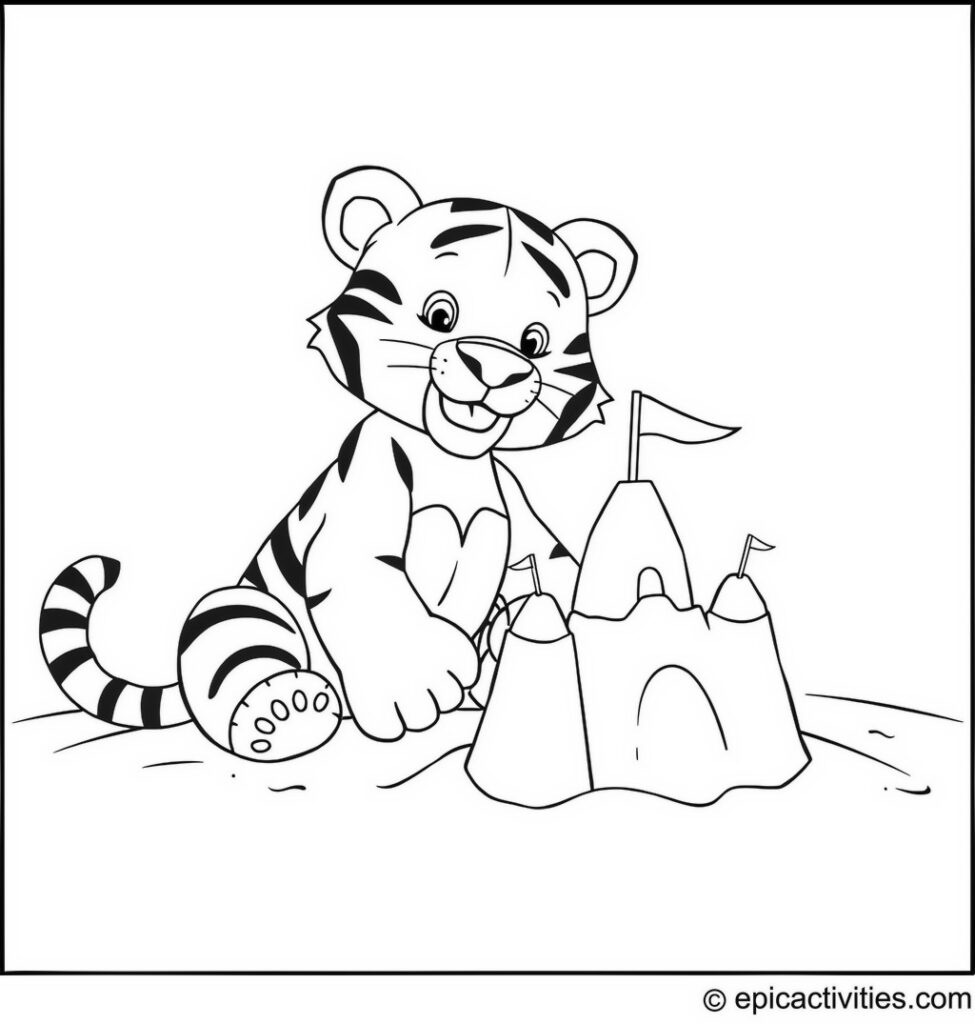 Coloring page of a Cute Tiger Building a Sandcastle on the Beach with Flags