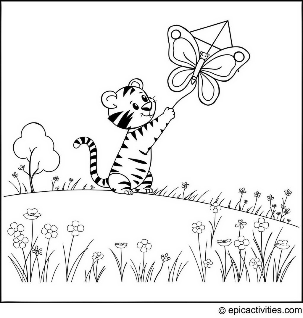 Coloring page of a Cute Tiger Flying a Butterfly Kite