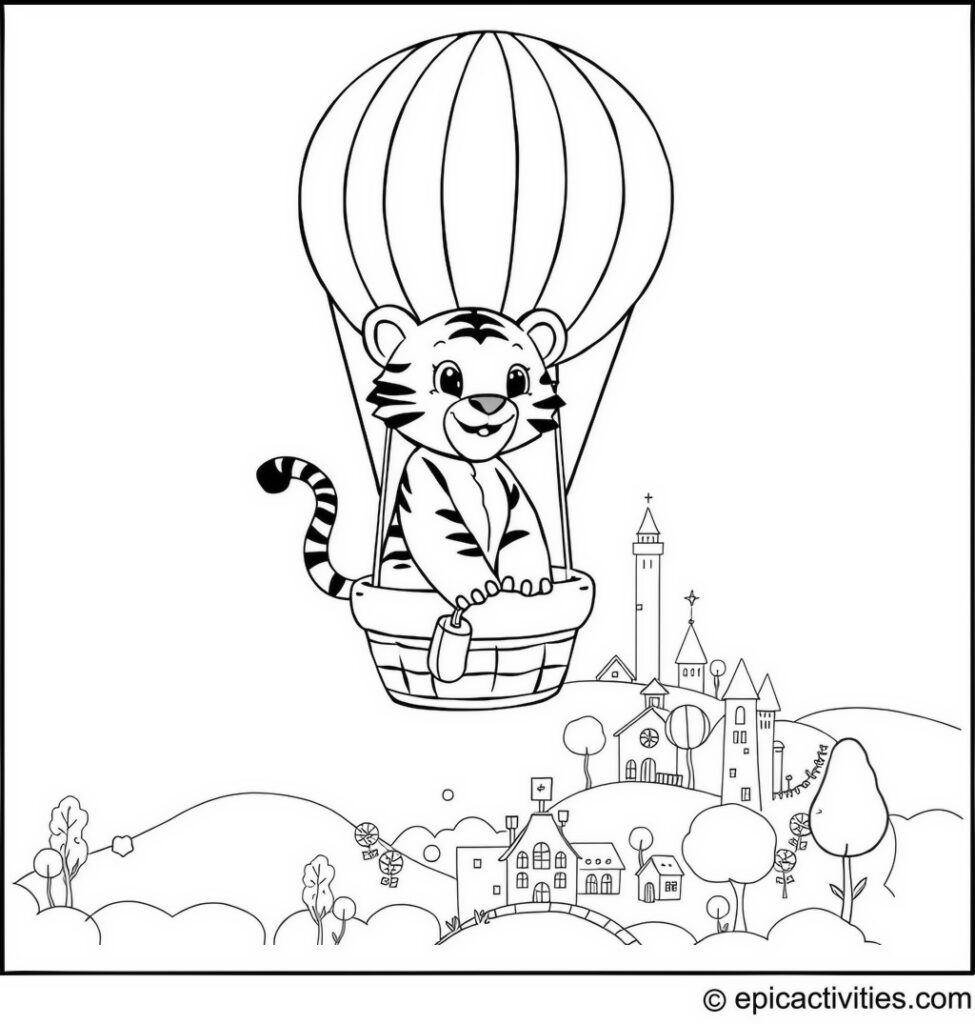 Coloring page of a cute tiger in a hot air balloon