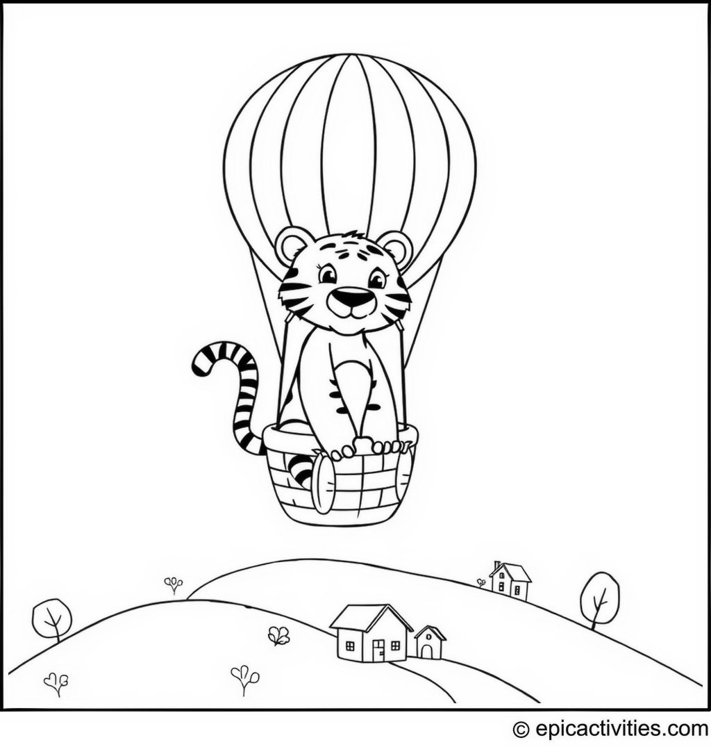 Coloring page of a cute tiger in a hot air balloon