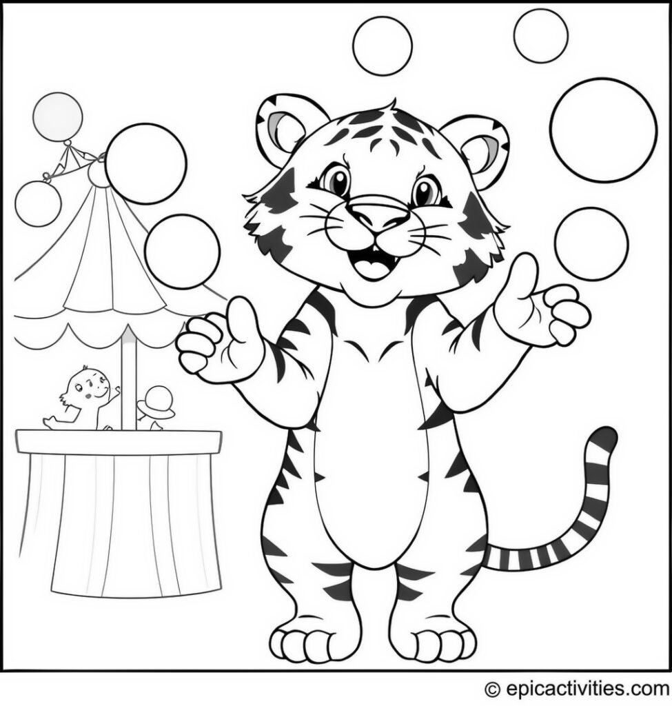 Coloring page of a cute tiger juggling colorful balls at a whimsical carnival