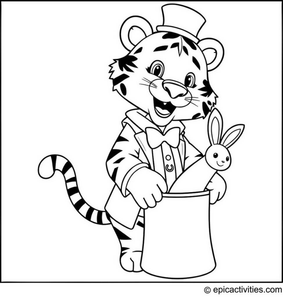 Coloring page of a Cute Tiger Magician with a Bunny Trick