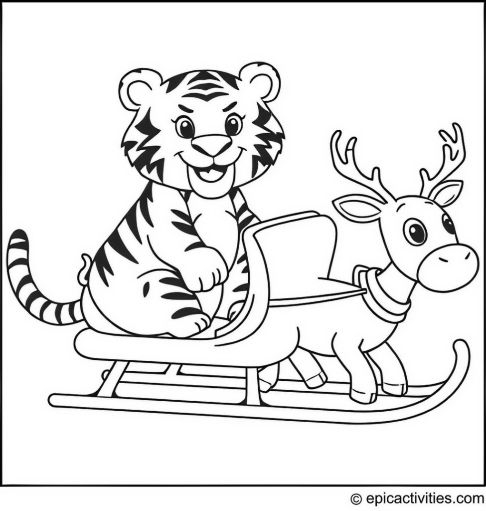 Coloring page of a cute tiger on a sleigh ride pulled by reindeer