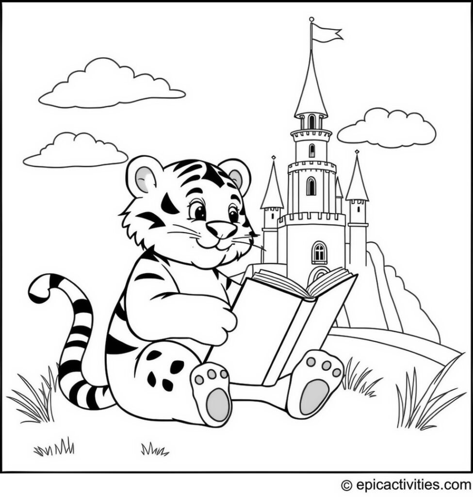 Coloring page of a cute tiger reading under a sky castle