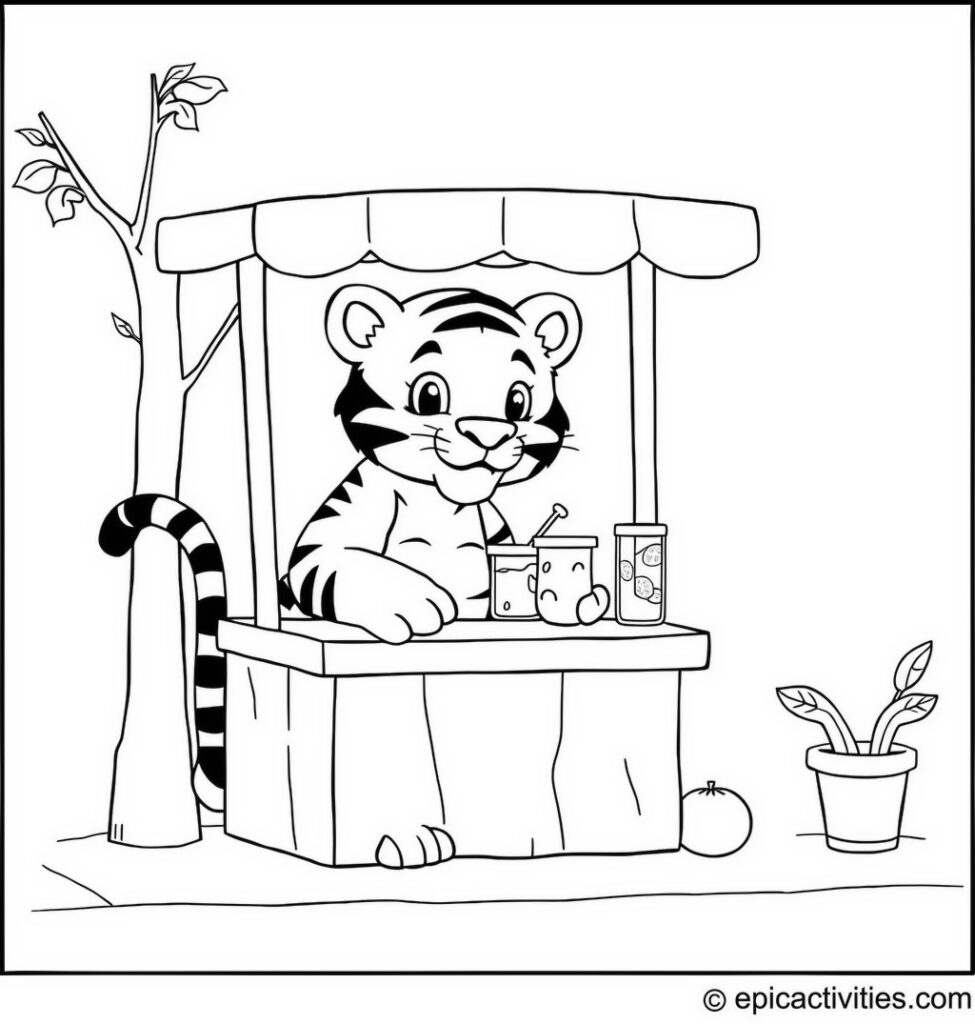 Coloring page of a Cute Tiger Selling Lemonade at a Lemonade Stand