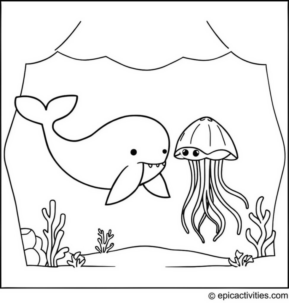 Coloring page of a cute whale and jellyfish acting underwater theater play