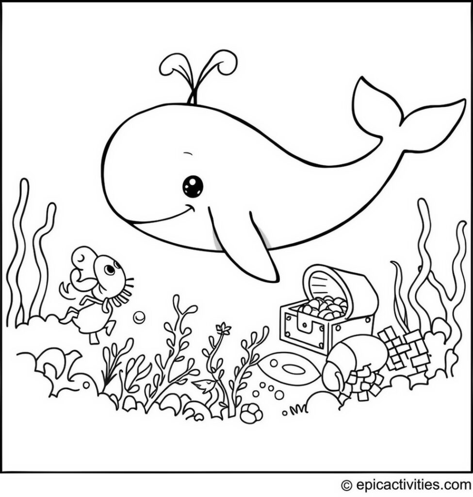 Coloring page of a cute whale and little shrimp on a treasure hunt underwater