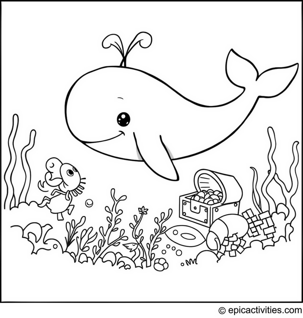Coloring page of a cute whale and little shrimp on a treasure hunt underwater