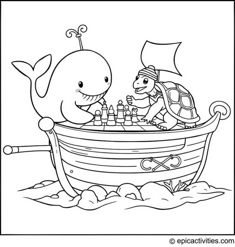 Coloring page of a Cute Whale and Wise Tortoise Playing Chess on a Sunken Ship