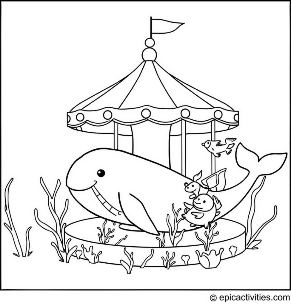 Coloring page of a Cute Whale at a Funfair with Seaweed Merry-Go-Round