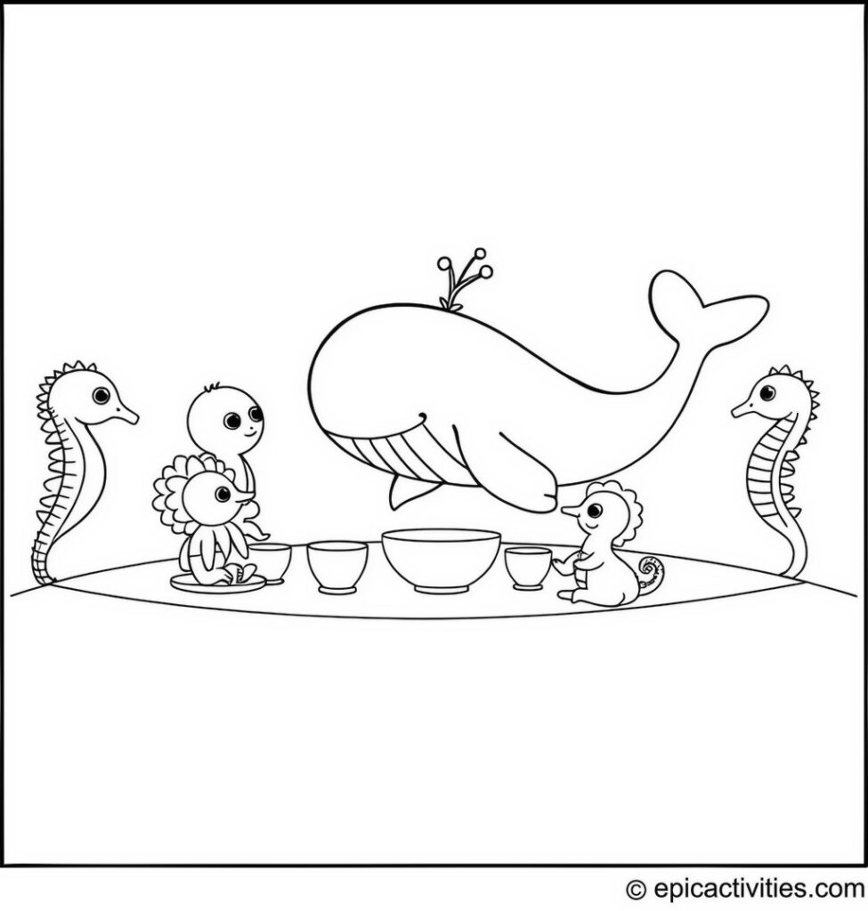 Coloring page of a cute whale at a tea party with octopuses and seahorses