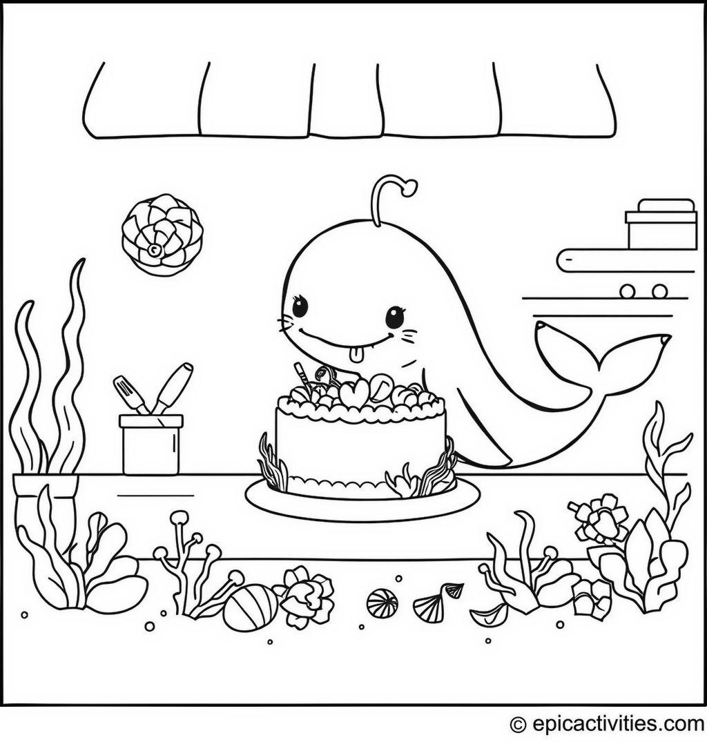 Coloring page of a cute whale baking a cake underwater
