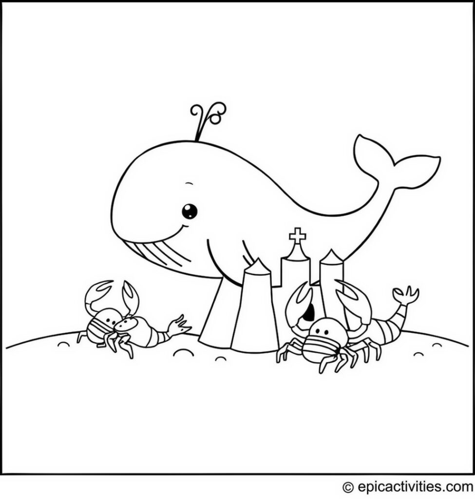 Coloring page of a Cute Whale Building a Sandcastle with Crabs and Lobsters
