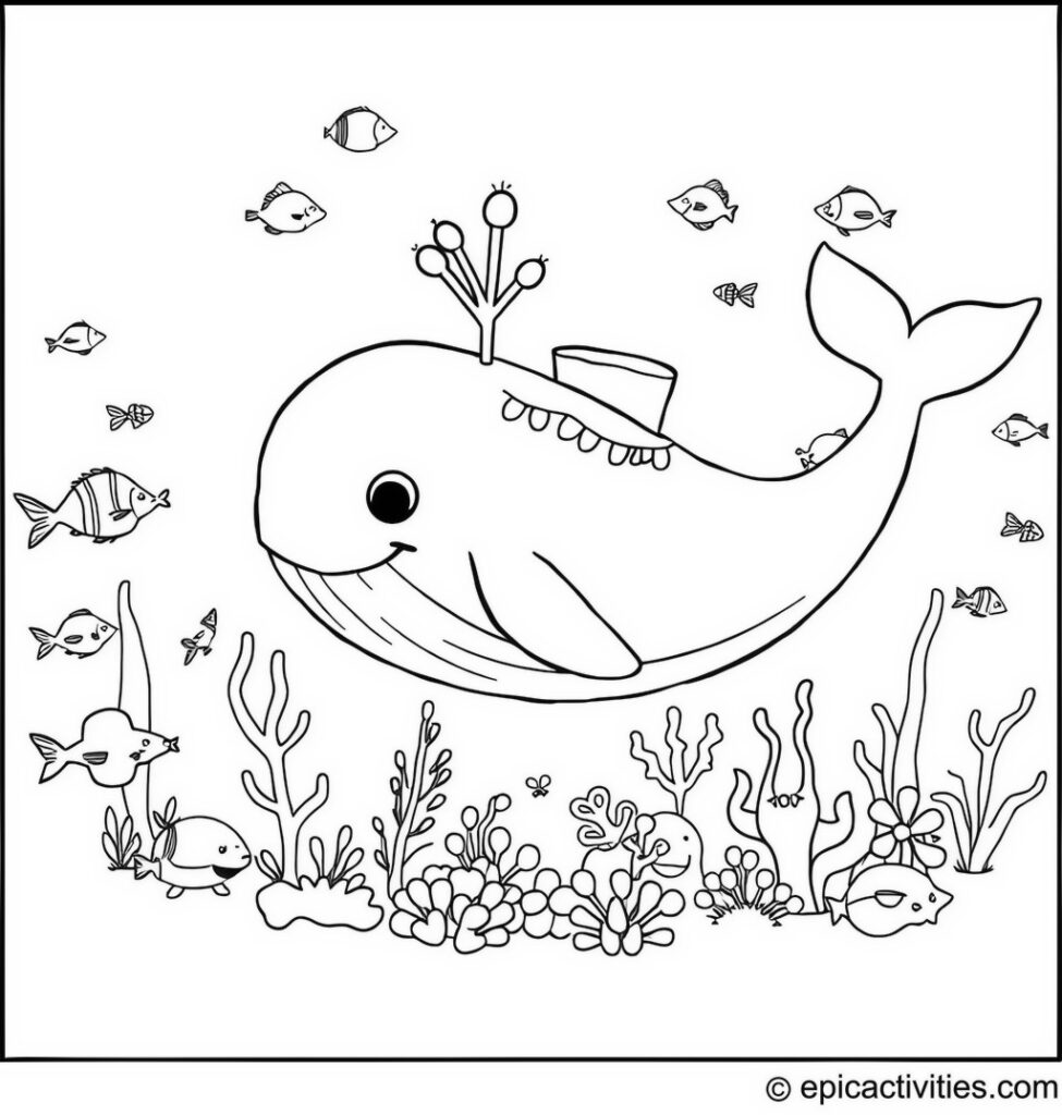 Coloring page of a Cute Whale Celebrating Underwater Cultural Festival with Fish from Around the World