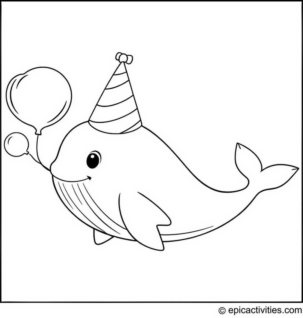 Coloring page of a Cute Whale Celebrating with Bubbles Balloons