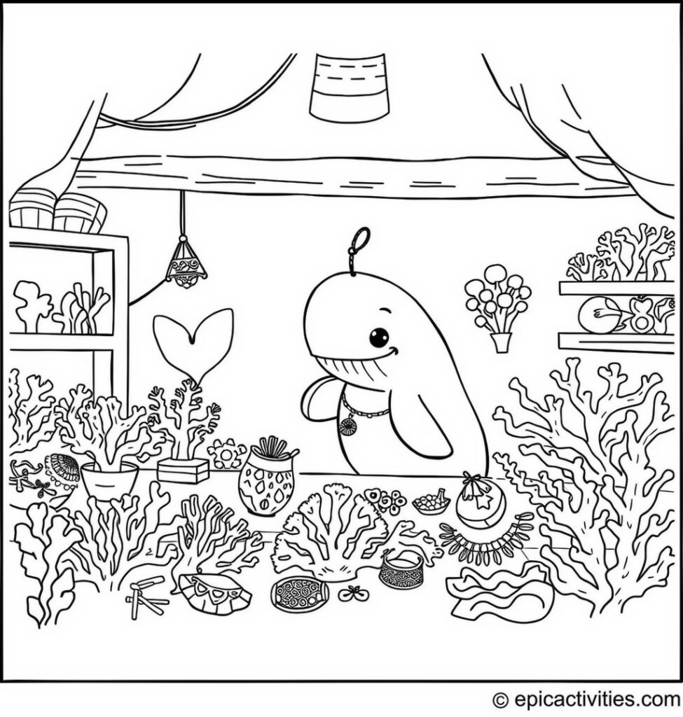 Coloring page of a cute whale designing coral jewelry