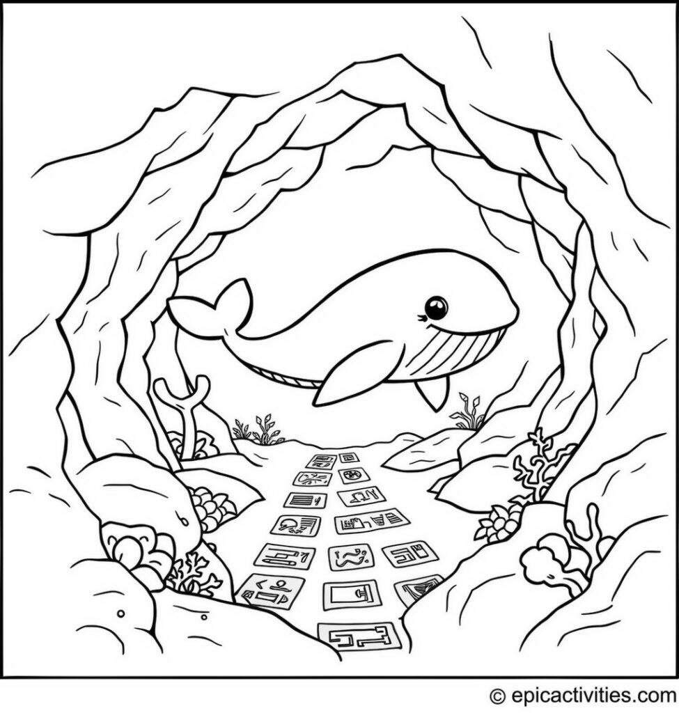 Coloring page of a cute whale exploring a mysterious underwater rune cave