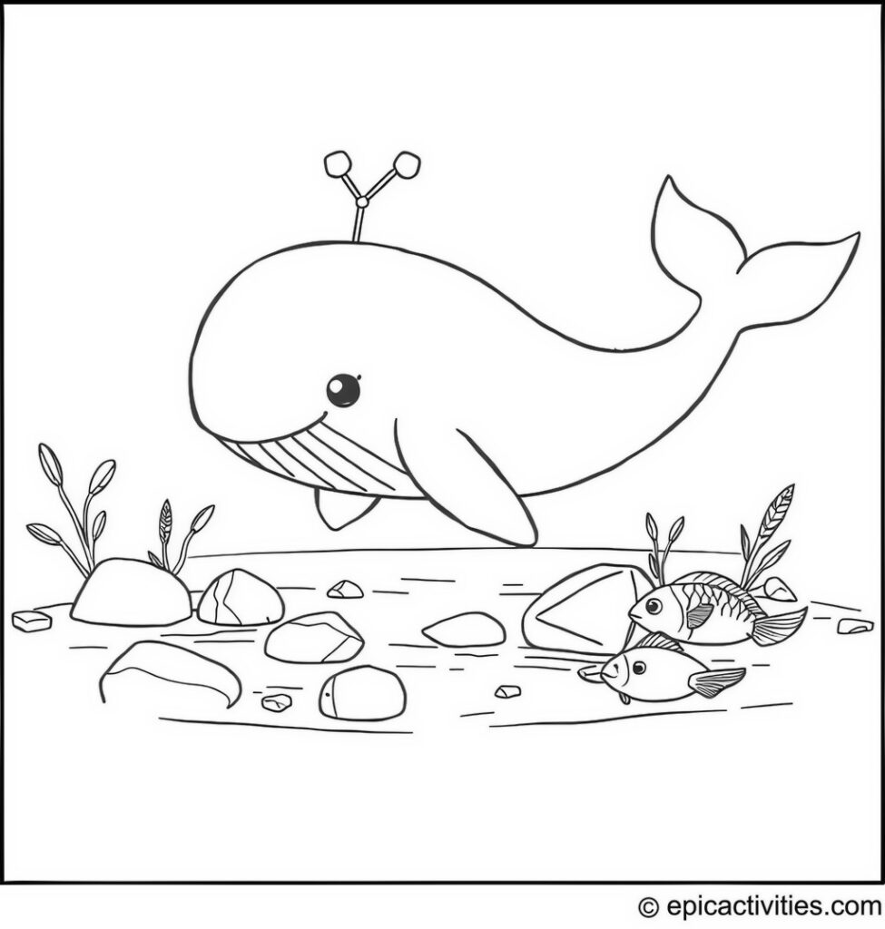 Coloring page of a Cute Whale Harvesting Pretty Stones with Trout and Goldfish