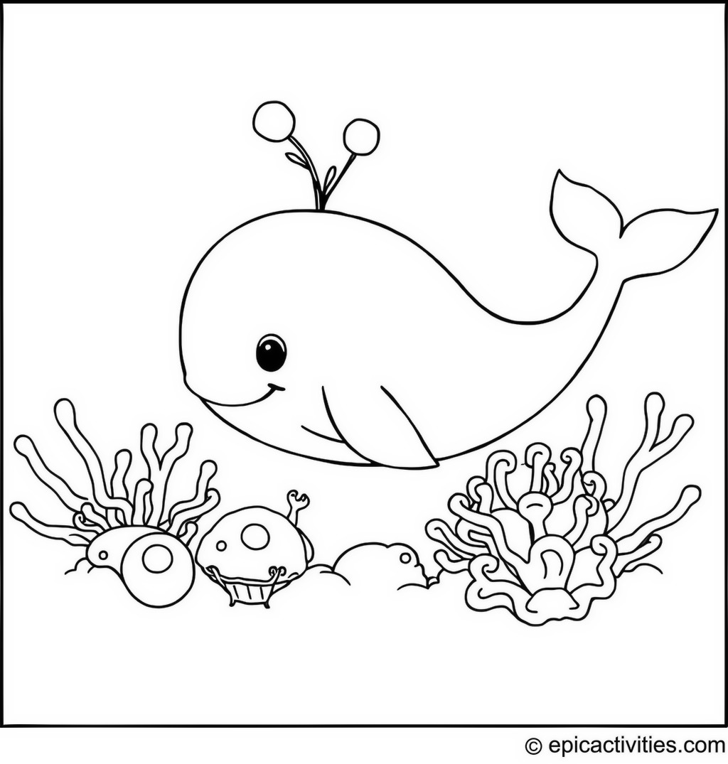 Coloring page of a cute whale having a pillow fight with sea anemones using sponges