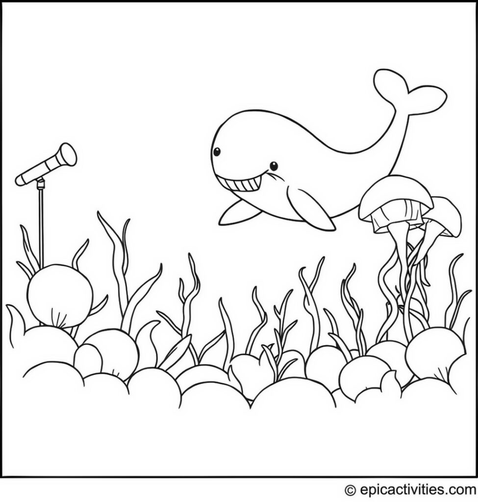 Coloring page of a Cute Whale Hosting a Jellyfish Concert