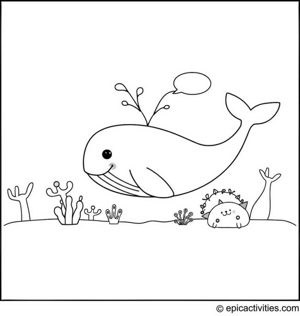 Coloring page of a Cute Whale Learning New Languages from Sea Creatures