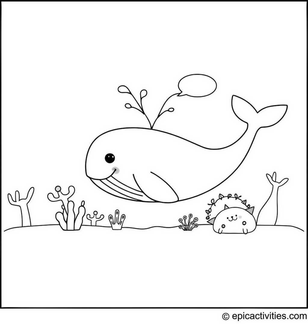 Coloring page of a Cute Whale Learning New Languages from Sea Creatures