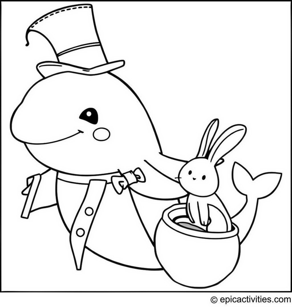 Coloring page of a cute whale magician pulling a rabbit out of a shell