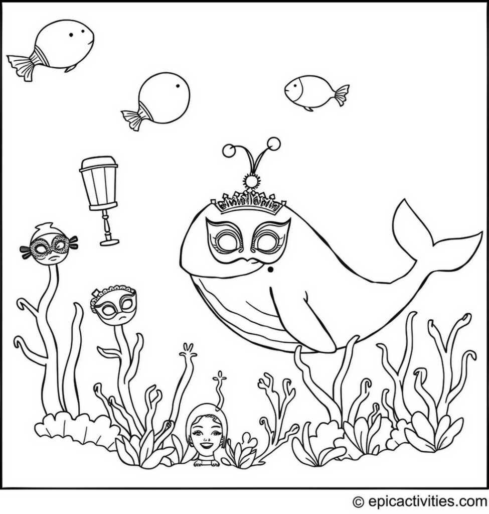 Coloring page of a Cute Whale Masquerade Ball with Sea Creatures and Lanternfish