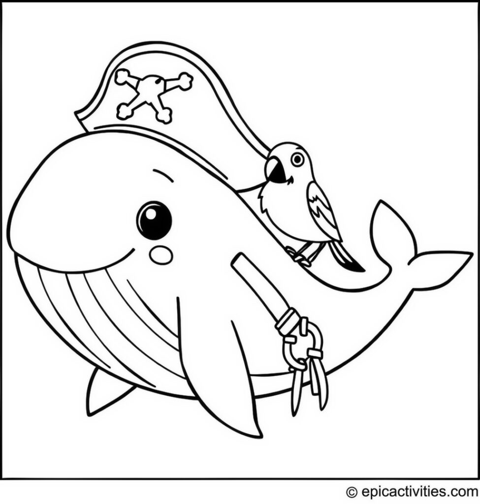 Coloring page of a cute whale pirate with a parrot fish on its back