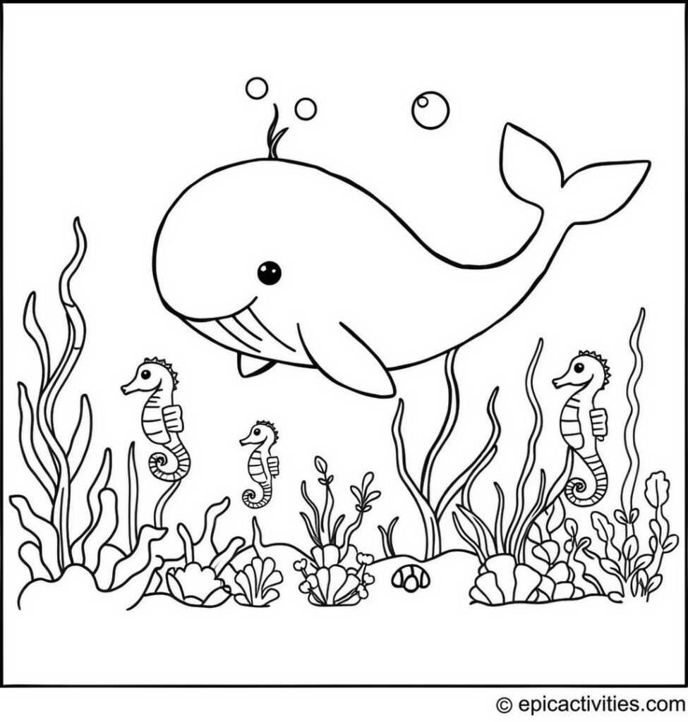 Coloring page of a cute whale planting seaweed in an underwater garden with seahorses